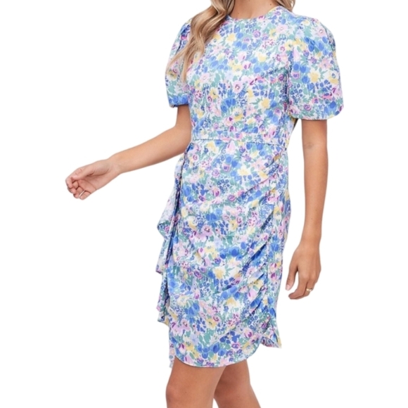 En Saison Puff Sleeve Floral Midi Dress Size Medium Cotton - Picture 4 of 17